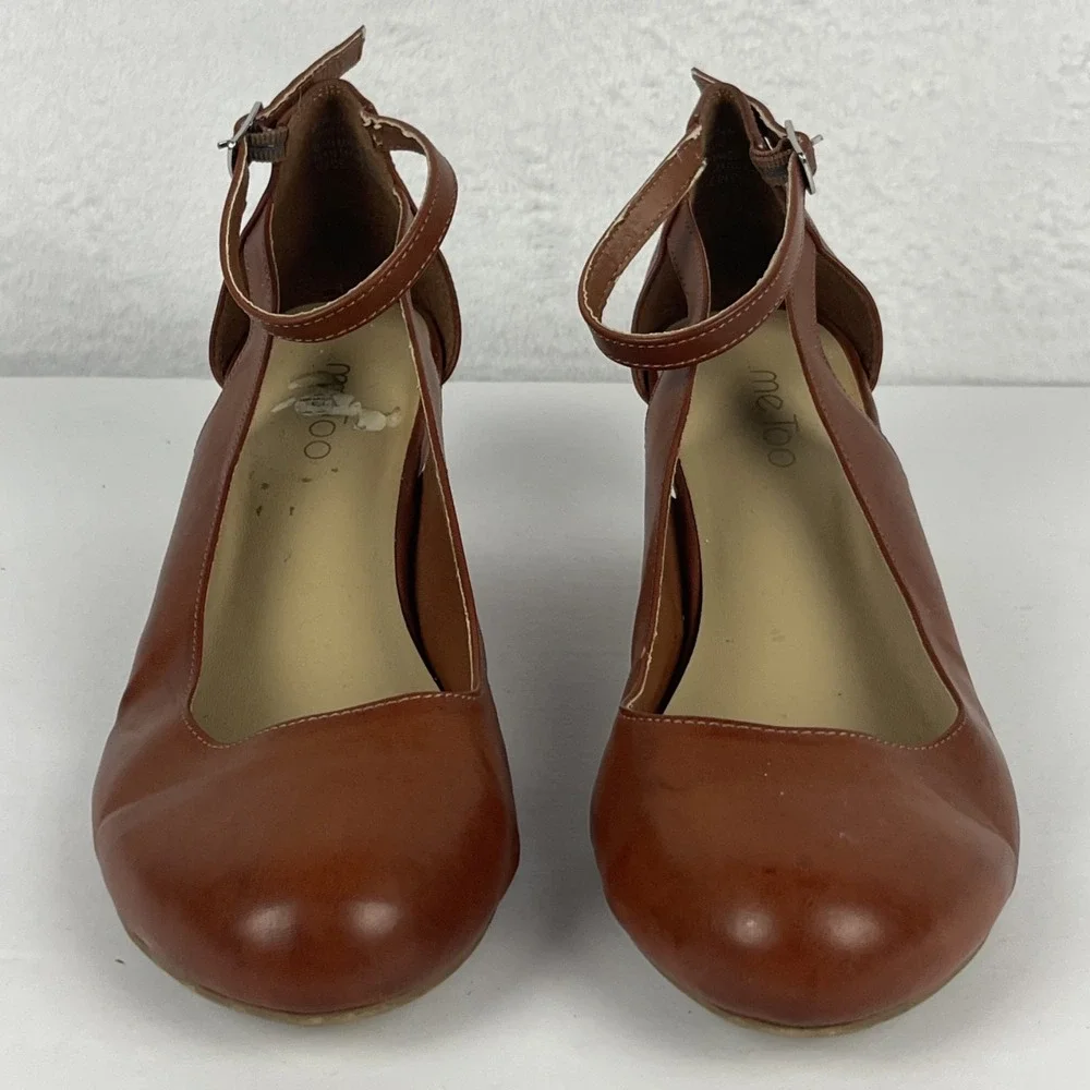 GUC Me Too Morgan Women Size 10W Tan Brown Faux Leather Ankle Strap Wedge Heels